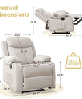 Product dimensions of Compact Manual Recliner For Small Spaces With Adjustable Backrest, Cup Holders, Side Pockets in beige.