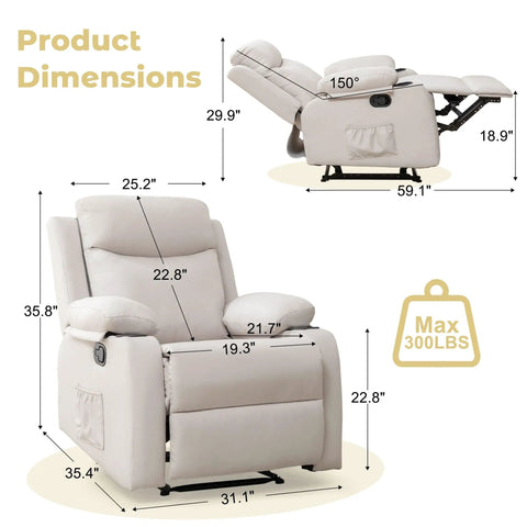 Product dimensions of Compact Manual Recliner For Small Spaces With Adjustable Backrest, Cup Holders, Side Pockets in beige.