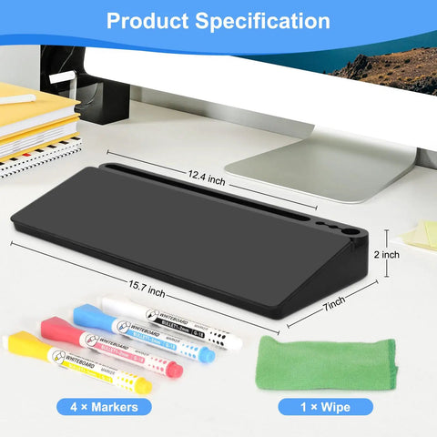 Glass Desktop Whiteboard With Storage And Keyboard Tray Go To Desk Accessory For Home Office And School Setup, black with markers.