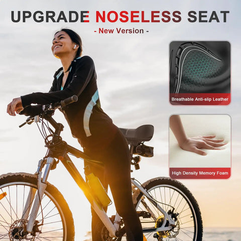 Noseless Oversized Bike Seat With Backrest for Electric and Stationary Bikes Extra Wide 13x9 Inch Cushion 7cm Foam No Nose Design for Ultra Comfy Ride Fits Most Road Bikes and Exercise Bikes Great for Men and Women. Rider on bike with breathable anti-slip leather and memory foam