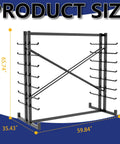 Rock Solid Double Sided Lumber And Pipe Storage Rack With Reinforced Cross Bracing Holding Two Thousand Pounds dimensions, 65.74" height, 59.84" width.