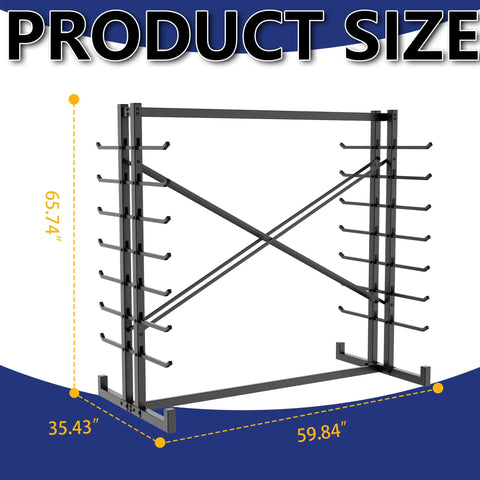 Rock Solid Double Sided Lumber And Pipe Storage Rack With Reinforced Cross Bracing Holding Two Thousand Pounds dimensions, 65.74" height, 59.84" width.