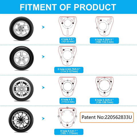 Fitment chart for Stake Pocket Spare Tire Carrier For Trailers Heavy Duty Spare Tire Mount Bracket showing 4 to 8 lug wheel patterns