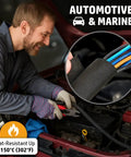 Mechanic using Split Sleeve Wire Loom Wrap on automobile cables, showcasing heat resistance up to 150°C and UV durability.