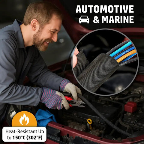 Mechanic using Split Sleeve Wire Loom Wrap on automobile cables, showcasing heat resistance up to 150°C and UV durability.