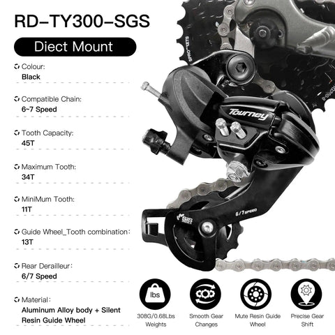 6/7 Speed Bike Rear Derailleur With Direct Mount For Mountain And Road Bikes RD TY300 Compatible shown with detailed specs
