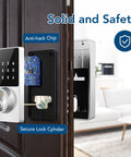 Touchscreen Keypad Smart Deadbolt with Wi Fi and Bluetooth, seen with secure lock cylinder and anti-hack chip on door