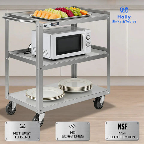 Heavy Duty Stainless Steel Utility Cart Three Tier With Wheels And Handle, NSF Commercial Mobile Rolling Cart for kitchen use