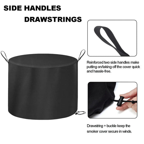 Heavy Duty Water Resistant Fire Pit Cover For Summit 24 Inch Solo Stove showing side handles and drawstring hem detail