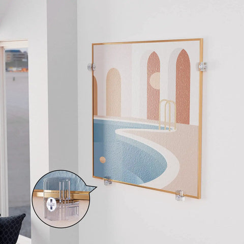 Foolproof Mirror Holder Kit Boasting 22 Slick Clear Plastic Clips With Heavy Duty Screws crafted for 3 16 inches of glass panels, displaying mounted art on wall.