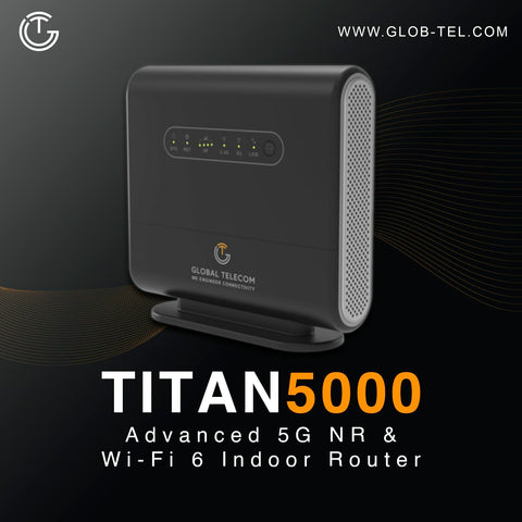 Ultra Fast 5G Indoor Router With WiFi 6 And Multi Port LAN For Home Or Small Office, VoNR And VoLTE Supported, Delivers Up To 4.8 Gbps Throughput And Rock Solid Wireless Connectivity, black front view with brand logo.