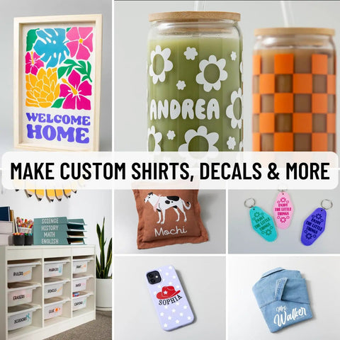 Craft projects showing Maker 4 Starter Craft Bundle with all in one die cutting machine, vinyl, iron-on HTV for DIY shirts, decals.