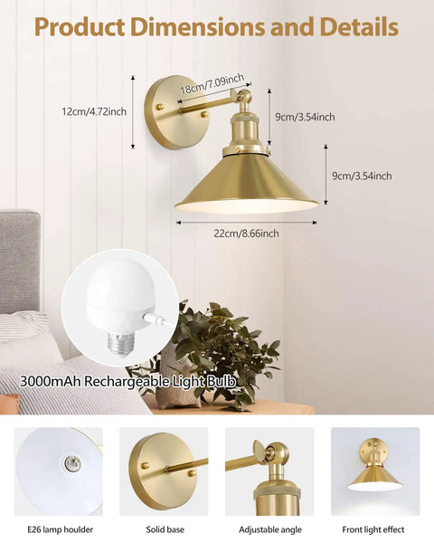 Gold Vintage Wireless Battery Operated Wall Sconces dimensions and features with lamp holder, solid base, adjustable angle, and light effect