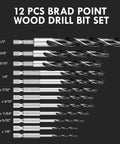 Amazon 12-piece Brad Point Wood Drill Bit Set with hex shank and double-flute design, sizes 1/8 in to 1/2 in for woodworking, front view