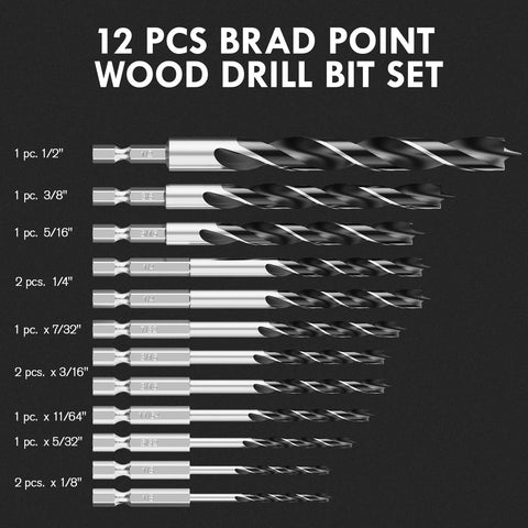 Amazon 12-piece Brad Point Wood Drill Bit Set with hex shank and double-flute design, sizes 1/8 in to 1/2 in for woodworking, front view