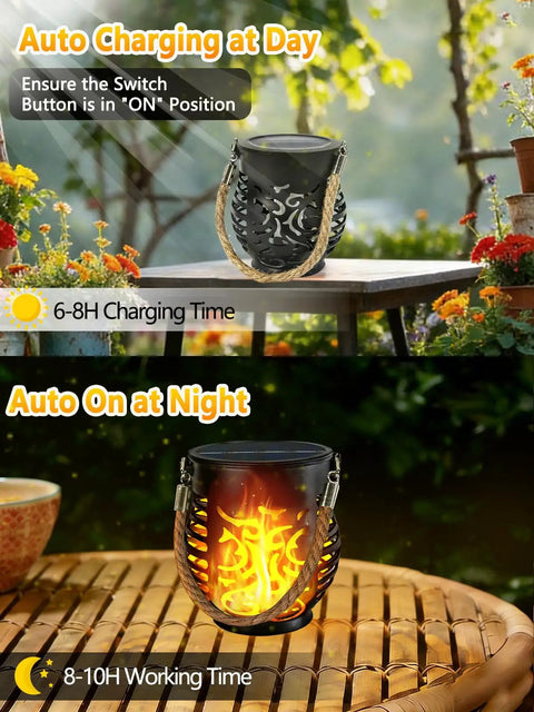 Four Pack Solar Lanterns With Flickering Flame, Outdoor Waterproof Hanging Lights, Rustic Hemp Rope Handle on table