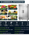 Heavy Duty 54 Inch Commercial Upright Refrigerator With Dual Solid Doors And 42 Cubic Feet Capacity Stainless Steel Frame Built Like A Tank, shown with food items.