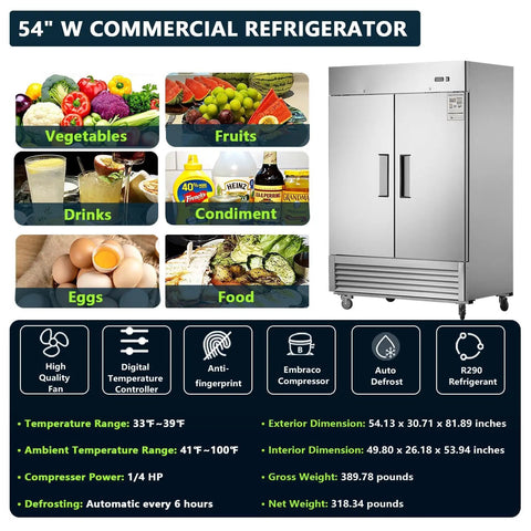 Heavy Duty 54 Inch Commercial Upright Refrigerator With Dual Solid Doors And 42 Cubic Feet Capacity Stainless Steel Frame Built Like A Tank, shown with food items.