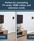 Before and after using White Cord Cover for Mounted TV and Wall Cable Management, 12 Foot Cord Hider to Hide TV Cables on a wall