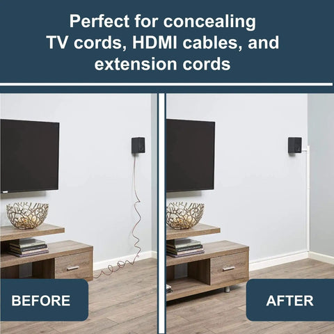 Before and after using White Cord Cover for Mounted TV and Wall Cable Management, 12 Foot Cord Hider to Hide TV Cables on a wall