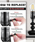 GooChan lamp switch knob, antique brass color; black lamp base, visible bulb, and instruction poster