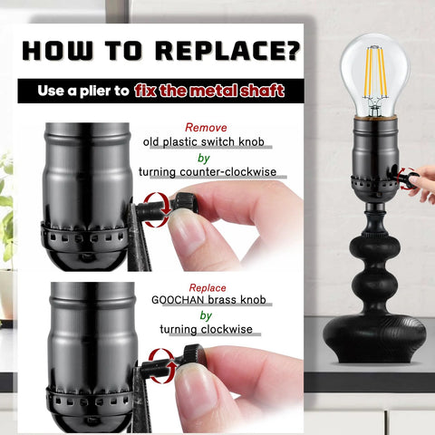 GooChan lamp switch knob, antique brass color; black lamp base, visible bulb, and instruction poster