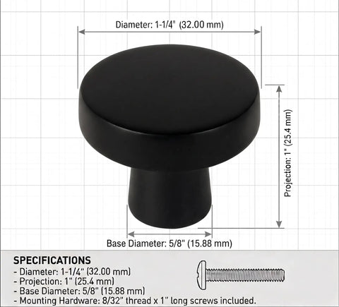 Flat Black Cabinet Knobs 10 Pack Round One And One Quarter Inch Solid Zinc Metal Matte Finish Sleek With Screws Included