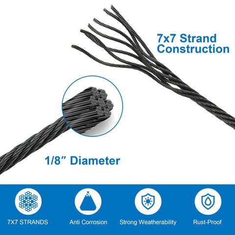 Close-up of 50 Feet One-Eighth Inch Black Heavy-Duty T316 Stainless Steel Cable Wire Rope Aircraft Cable Railing System Deck Cable
