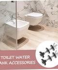 Bathroom scene with ceramic toilets and inset of stainless steel toilet seat screws and bolts set for quick replacement