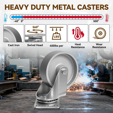 4 Inch Heavy Duty Cast Iron Caster Wheels Set Of 4 With 1600 Lb Load Capacity for industrial use in a workshop setting