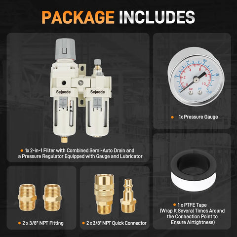 3/8 Inch NPT FRL Air Filter Regulator Lubricator Unit With Semi Auto Drain And Pressure Gauge Oil Water Separator PTFE