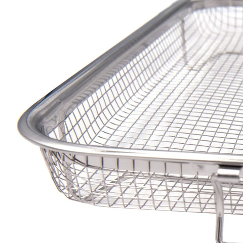 Close-up of stainless steel basket from 2 Piece Air Fryer Basket Set With Magnetic Cooking Times Cheat Sheet And Oven Reference Magnet For Over 90 Popular Air Fry Foods Stainless Steel Kitchen Accessory For Easy Cooking And Crispy Frying
