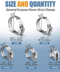 45 Piece Stainless Steel Hose Clamp Kit With Worm Gear Adjustable From 1/4 To 1-1/8 Inches (6-29 Mm) For Plumbing Automotive