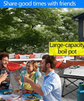Outdoor gathering with 2 Burner Propane Stove With Auto Ignition 26000 BTU Stainless Steel Outdoor Cooker near patio table.