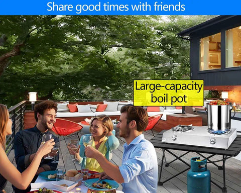Outdoor gathering with 2 Burner Propane Stove With Auto Ignition 26000 BTU Stainless Steel Outdoor Cooker near patio table.