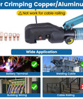 Heavy Duty Hydraulic Wire Terminal Crimper Swager Kit With 9 Die Pairs For Battery Cable Lug Crimping Delivers Up To 45KN Crimp Power For 4-70 Mm2 Copper And Aluminum Wires Stainless Steel Cable Cutter CT11 showing application examples