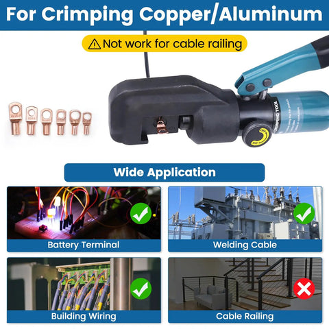 Heavy Duty Hydraulic Wire Terminal Crimper Swager Kit With 9 Die Pairs For Battery Cable Lug Crimping Delivers Up To 45KN Crimp Power For 4-70 Mm2 Copper And Aluminum Wires Stainless Steel Cable Cutter CT11 showing application examples