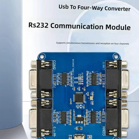 Plug And Play Slick Quad Port Type C To RS232 Serial Converter Board With Live Activity Led Indicators Compact Mounting Pcb For Automation Diagnostics Embedded Tech Fix Heavy Duty Quick Swap Setup, top view of PCB with ports.
