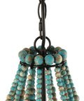Close-up of rustic grey-blue wood beads on Wood Beaded Chandelier Light Fixture for Boho Farmhouse Vibe Pendant Ceiling Lamp.