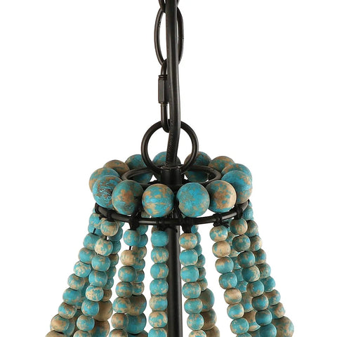 Close-up of rustic grey-blue wood beads on Wood Beaded Chandelier Light Fixture for Boho Farmhouse Vibe Pendant Ceiling Lamp.