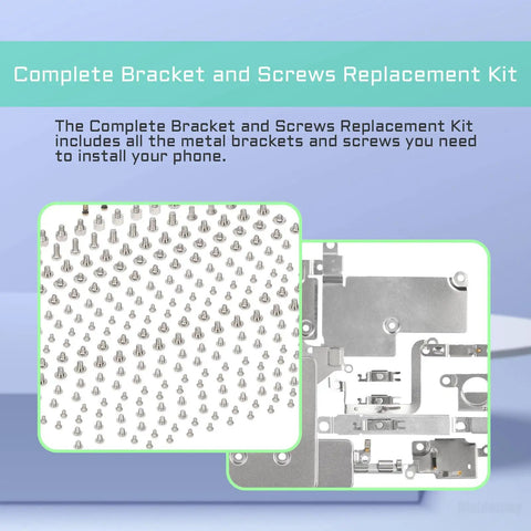 Internal Screws Set and Full Metal Bracket Kit for iPhone 13 Pro Max Replacement, components displayed on surface