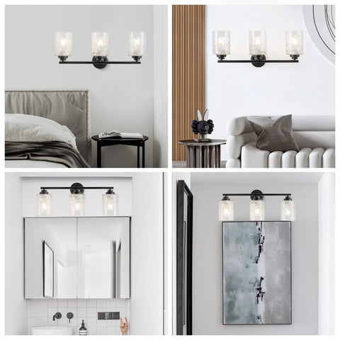 Go To Modern Matte Black Vanity Light Fixtures 24 Inch Three Light Hammered Glass Industrial Sconces in bedroom, living room, bathroom, hallway