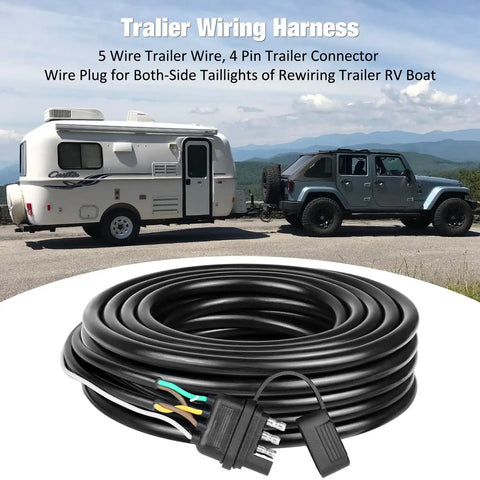 26 Foot 4 Pin 5 Wire Trailer Wiring Harness Kit For Boat Trailers displayed with camper and Jeep on road