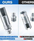 right angle grease gun coupler 1/8 NPT comparison with competitive products highlighting thread quality and rust prevention features