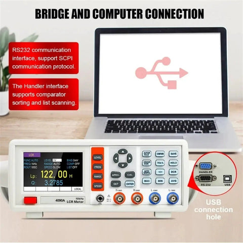 4090B Digital LCR Meter Desktop Tester Measures Capacitance Resistance Inductance Impedance With 3.5 Inch TFT Screen Remote Control connection to laptop.