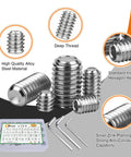 All In One 362-Piece Set Screw Kit With Metric M3 To M8 And SAE 1/8 To 5/16 Inch Sizes for Bathroom Fixtures, showing stainless steel screws and wrenches.