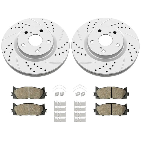 Front Drilled And Slotted Brake Rotors And Ceramic Brake Pads Kit Replacement For Toyota Avalon Camry Lexus ES300h ES350 Beefed Up Braking Performance Upgrade Bundle