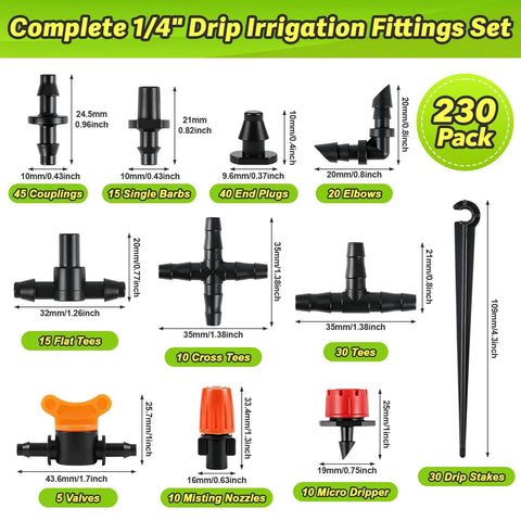 230 Piece All In One Quarter Inch Barbed Drip Irrigation Fittings Kit With Misting Nozzles Micro Drippers Tees Couplings Elbows Valves