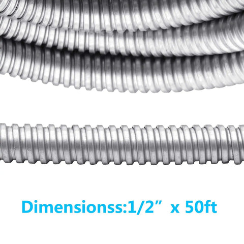 Close-up of 50 Ft Half Inch Reduced Wall Flexible Metal Conduit For Outdoor Low Voltage Electrical Wiring In Galvanized Steel