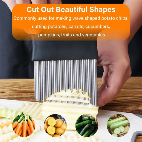 EKIND crinkle cutter with stainless steel wavy blade and black handle for slicing potatoes and vegetables (front view)